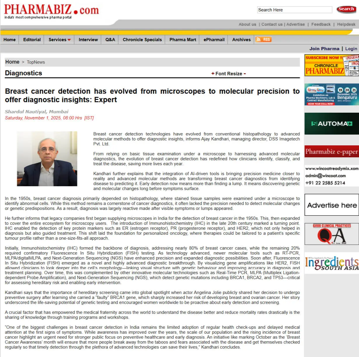 Breast cancer detection has evolved from microscopes to molecular precision to offer diagnostic insights: Expert